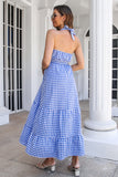 Blauwe Plaid Boho Maxi Zomerjurk