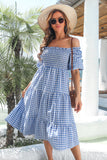 Blauwe Plaid Off-shoulder Zomerjurk