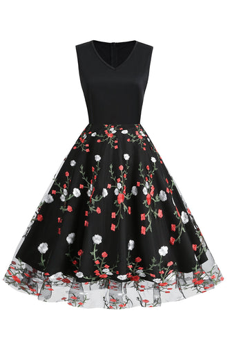 Zwarte Vintage jaren 1950 jurk met borduurwerk