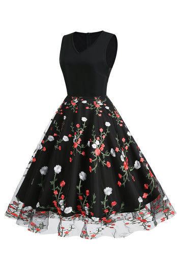 Zwarte Vintage jaren 1950 jurk met borduurwerk