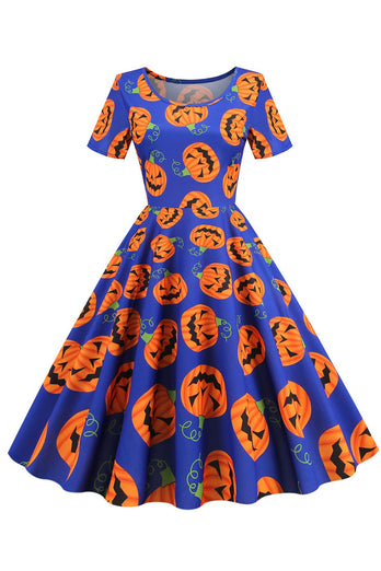 Halloween korte mouw ronde hals vintage print jurk
