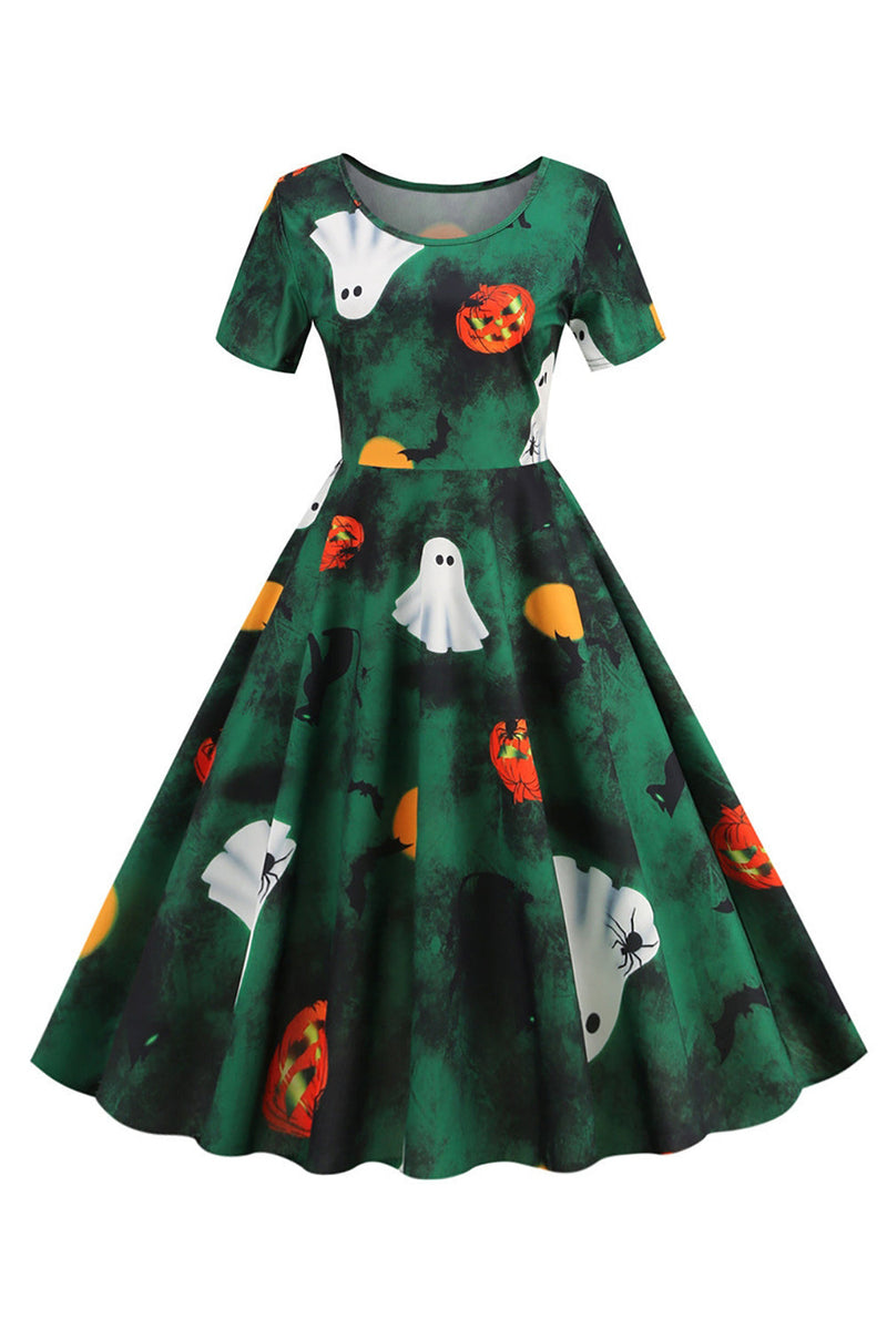 Afbeelding in Gallery-weergave laden, Halloween korte mouw ronde hals vintage print jurk