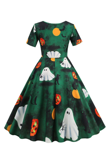 Halloween korte mouw ronde hals vintage print jurk