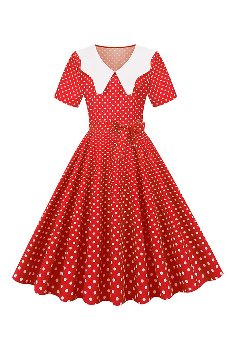 Afbeelding in Gallery-weergave laden, Hepburn Rode Polka Dots Print Vintage Jurk met Riem