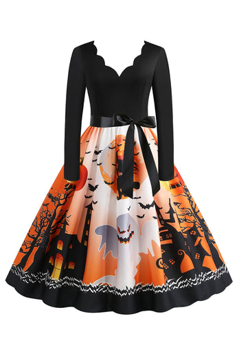 V-hals bedrukte Halloween jurk met riem