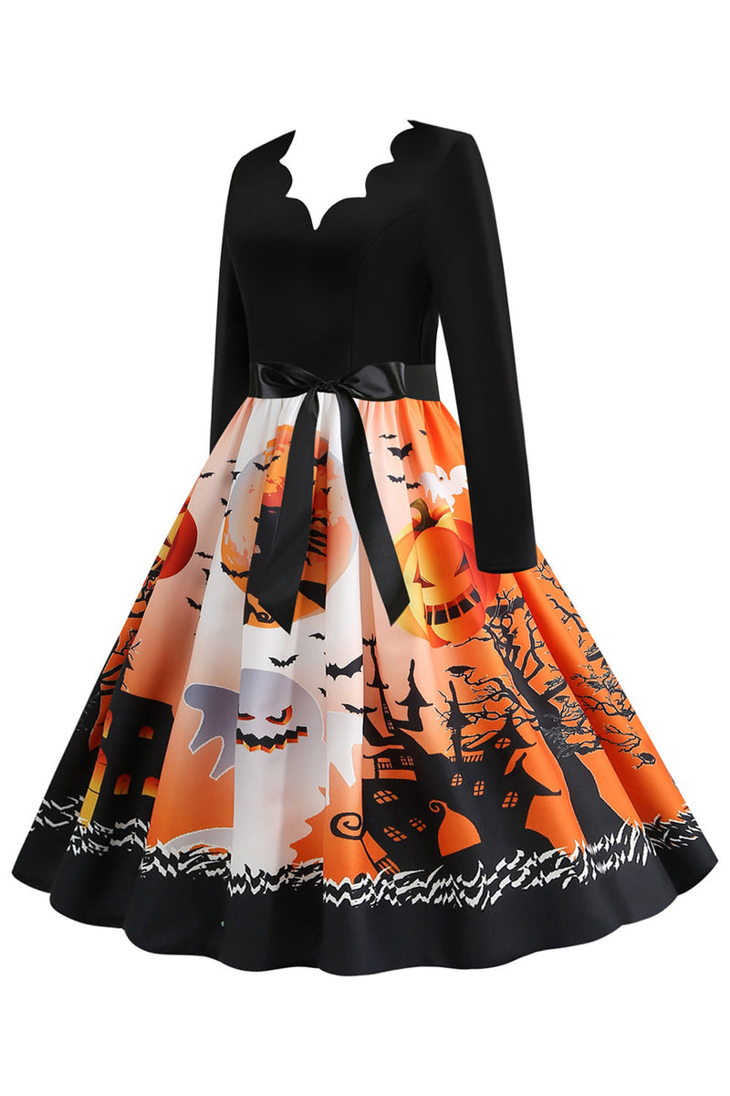 Afbeelding in Gallery-weergave laden, V-hals bedrukte Halloween jurk met riem