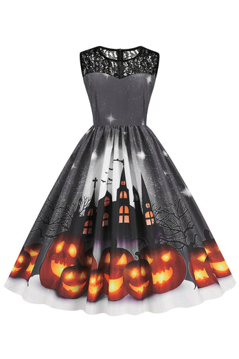 Vintage ronde hals kant paneel print Halloween jurk