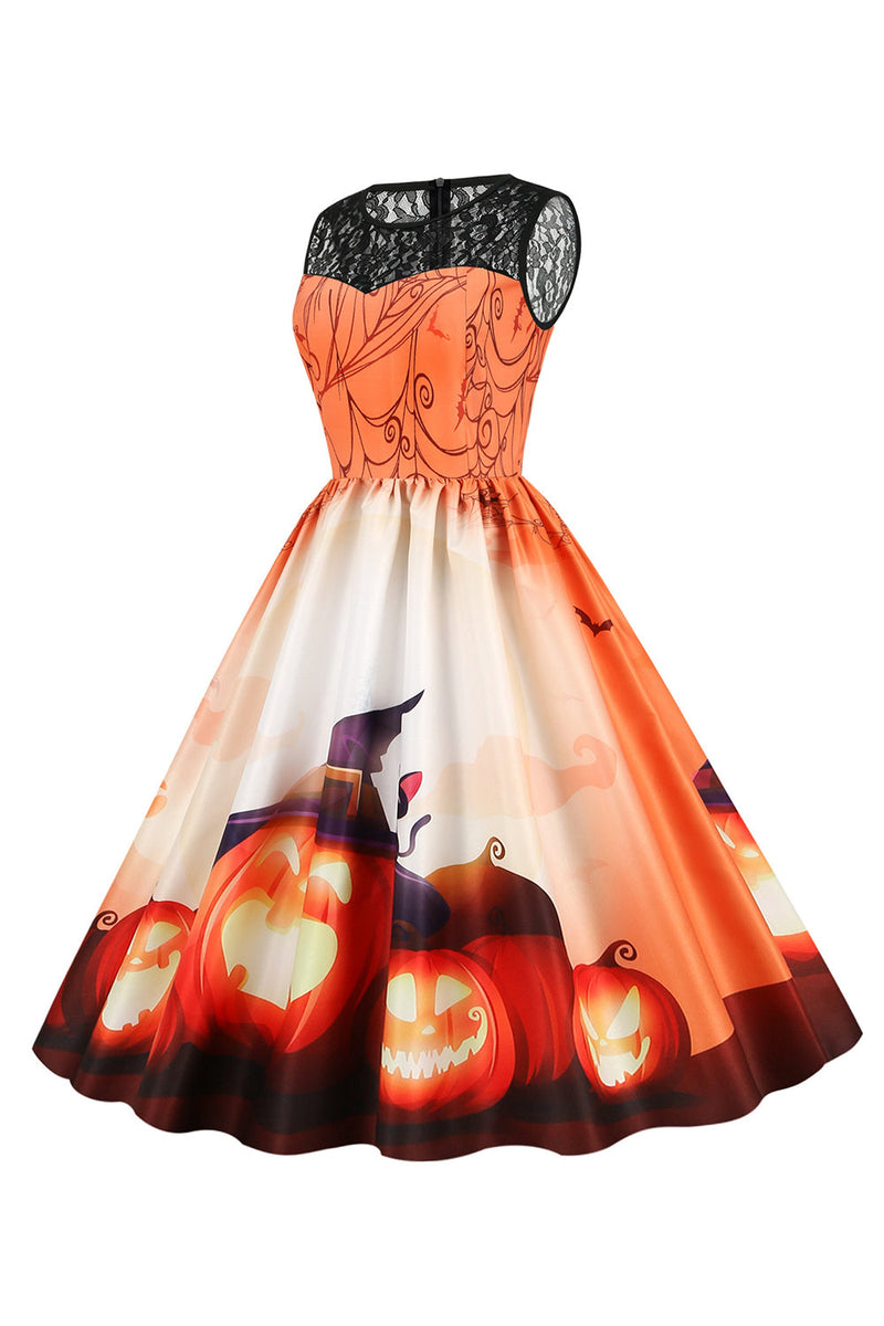 Afbeelding in Gallery-weergave laden, Vintage ronde hals kant paneel print Halloween jurk