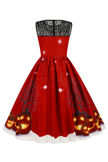 Vintage ronde hals kant paneel print Halloween jurk