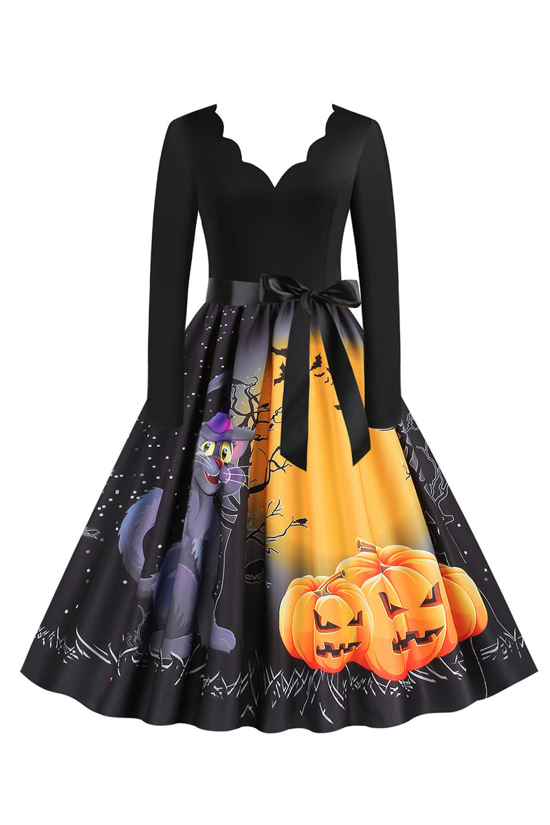Afbeelding in Gallery-weergave laden, V-hals lange mouw Jack-o-lantaarn print Halloween Retro Jurk
