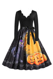 V-hals lange mouw Jack-o-lantaarn print Halloween Retro Jurk