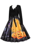 V-hals lange mouw Jack-o-lantaarn print Halloween Retro Jurk