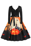 V-hals lange mouw Jack-o-lantaarn print Halloween Retro Jurk