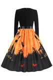 V-hals lange mouw Jack-o-lantaarn print Halloween Retro Jurk