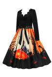 V-hals lange mouw Jack-o-lantaarn print Halloween Retro Jurk