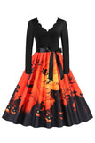 V-hals lange mouw Jack-o-lantaarn print Halloween Retro Jurk