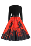 V-hals lange mouw Jack-o-lantaarn print Halloween Retro Jurk