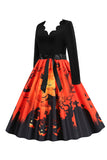 V-hals lange mouw Jack-o-lantaarn print Halloween Retro Jurk