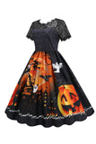 Kant korte mouw print Halloween Retro Jurk