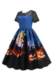 Kant korte mouw print Halloween Retro Jurk