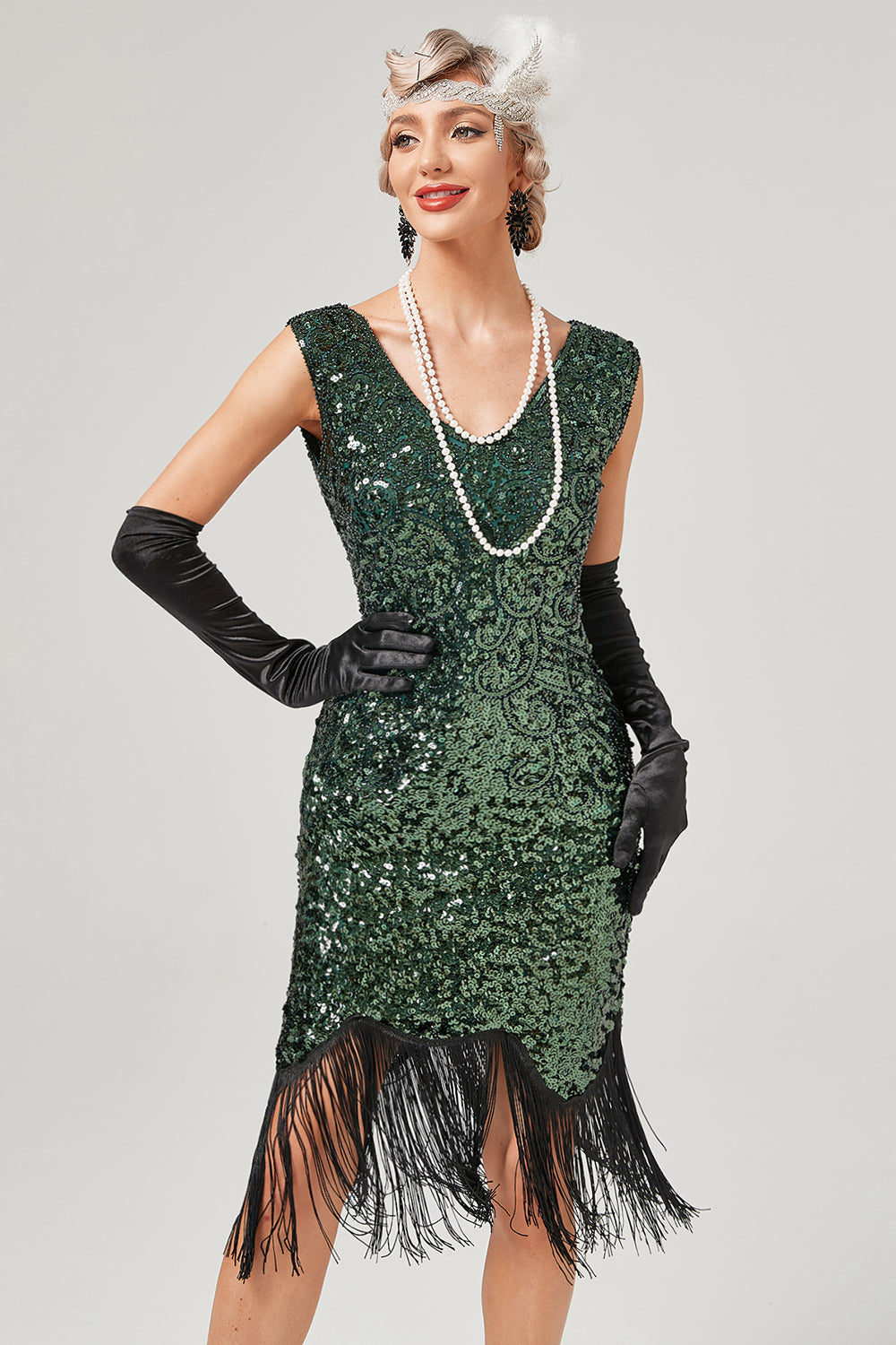 Donkergroene V-hals gatsby jurk met pailletten en franjes