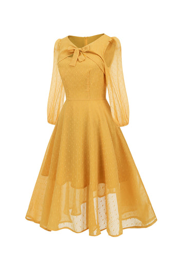 Nep tweedelige opengewerkte strik pofmouw Vintage jurk