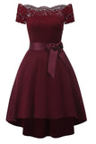 A Line Off the Shoulder Bordeaux kanten jurk met Bowknot