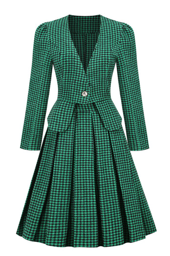 A lijn V-hals groen grid geruit vintage jurk