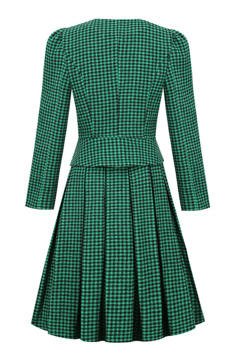 A lijn V-hals groen grid geruit vintage jurk