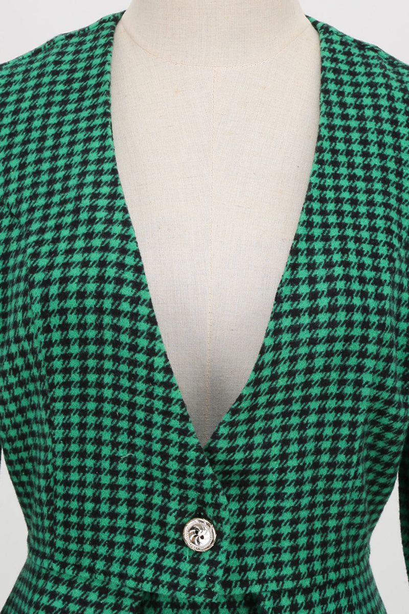 Afbeelding in Gallery-weergave laden, A lijn V-hals groen grid geruit vintage jurk