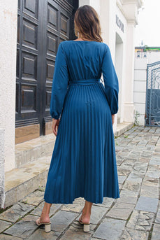 Blauwe V-hals Casual jurk met sjerp