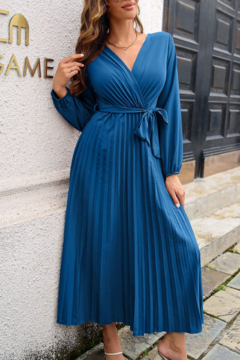 Blauwe V-hals Casual jurk met sjerp