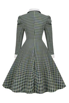 Vintage Britse stijl Slim Fit Revers Groen Grid 1950s Jurk