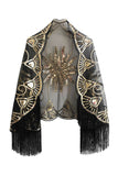 Zwarte gouden pailletten Cape uit de jaren 1920 met franjes