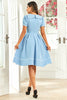 Afbeelding in Gallery-weergave laden, Jewel hals blauwe vintage jurk met korte mouwen