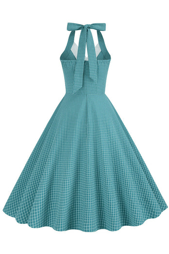 Retro stijl halter hals geel jaren 1950 jurk met knoop