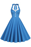 Hepburn Style Halter Hals Blauw 1950s Jurk