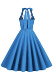 Hepburn Style Halter Hals Blauw 1950s Jurk