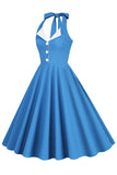 Hepburn Style Halter Hals Blauw 1950s Jurk