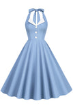 Hepburn Style Halter Hals Blauw 1950s Jurk