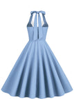 Hepburn Style Halter Hals Blauw 1950s Jurk