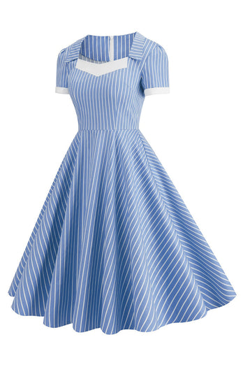 Blauw gestreepte vintage jurk met korte mouwen