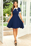 Hepburn Style Jewel Neck Navy jaren 1950 jurk met bowknot