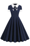 Jewel Neck Navy jaren 1950 Jurk met Bowknot