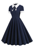 Jewel Neck Navy jaren 1950 Jurk met Bowknot