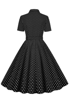 Zwarte Polka Dots Vintage Jurk met korte mouwen