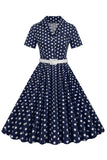 Hepburn Style V Hals Blauwe Polka Dots 1950s Jurk