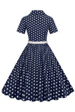 Hepburn Style V Hals Blauwe Polka Dots 1950s Jurk