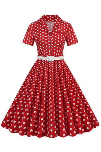 Hepburn Style V Hals Blauwe Polka Dots 1950s Jurk