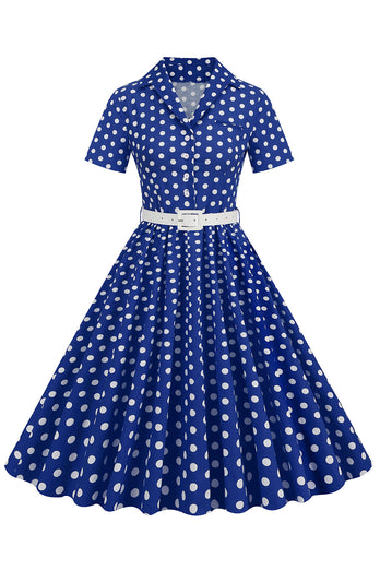 Hepburn Style V Hals Blauwe Polka Dots 1950s Jurk